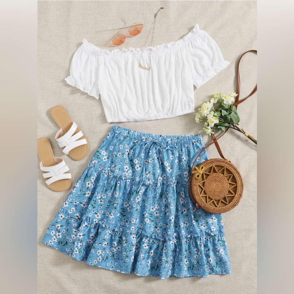 Plus Size Puff Sleeve Bardot Top & Ditsy Floral Layered Frilled Skirt Set